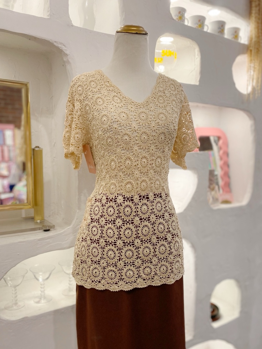 Vintage Women’s Cream Crochet Lace V-Neck Top